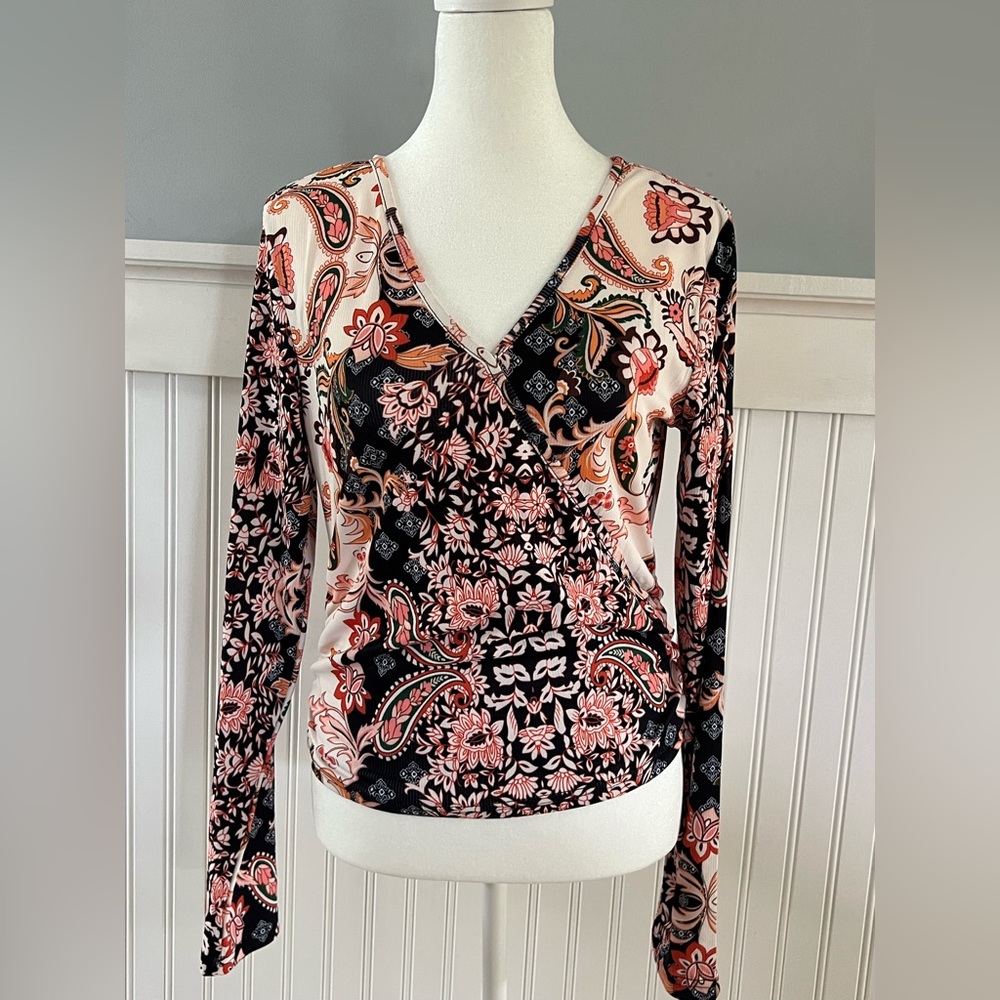 Baroque Print Surplice Long Sleeve Top size small